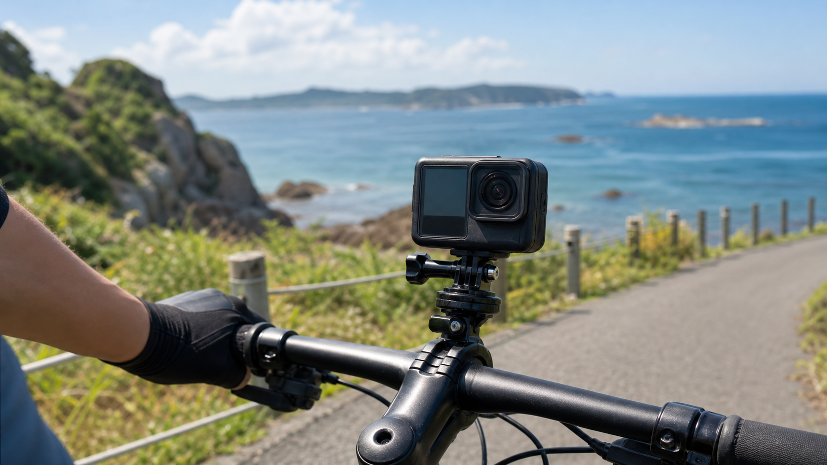 海沿いのサイクリングで自転車に装着したアクションカメラを使っている利用シーン