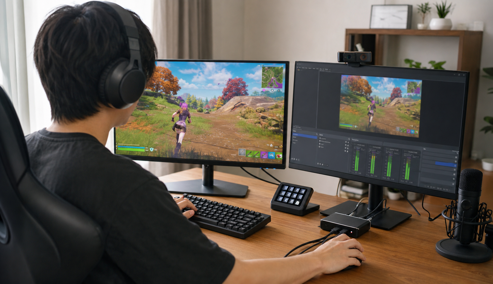 ゲーム画面をモニターに映しながらPCで配信ソフトを操作するデスク環境