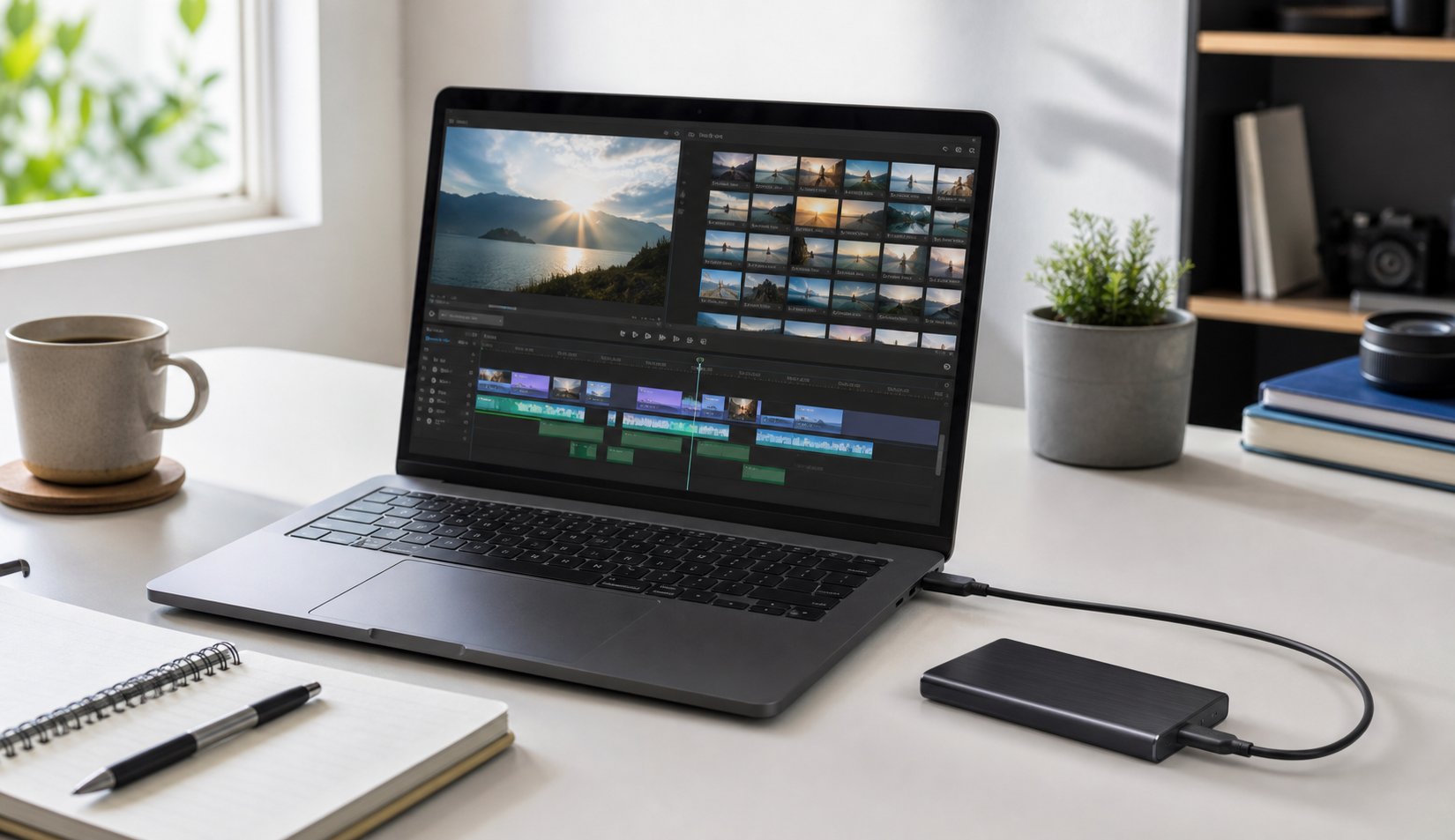 ノートPCでSSDを使って動画編集データを管理しているイメージ